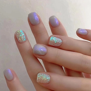 Aurora Purple Press On Nails Gradient Glitter Shimmer Short Square Round Artificial Fingernails For Women