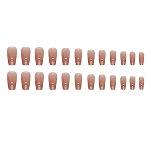 French tip press-on nails in nude pink with coffee brown edges for a natural look