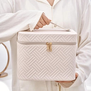 Cream large capacity makeup case with woven texture, golden zippers and mirror