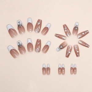 French ballerina press-on nails with silver heart metal and pearl accents