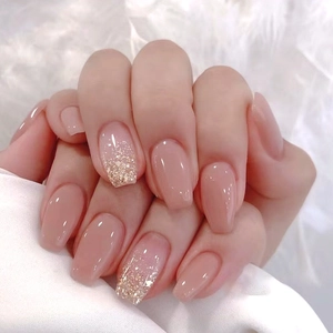 Short Ballet Press On Nails Nude Pink Solid Color Gold Glitter Shiny Fashion Artificial Fake Nails For Women