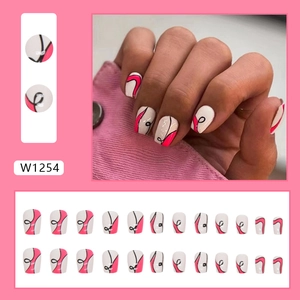 Short ballet nails with Barbie pink and black wavy patterns in a geometric style