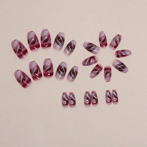 Short ballet wine red marble nails with smoke texture and silver geometric line art