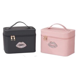 Make-up koffer met LED-spiegel en strass lip patroon in zwart en roze