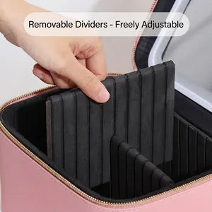 Trousse de maquillage rose en cuir PU avec cloisons amovibles et fermeture éclair dorée