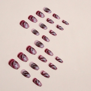 Deep red and purple marble smudge ballet short press-on nails with white cross lines