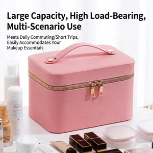 Boîte de maquillage en cuir PU Saffiano rose avec zips dorés et poignée supérieure solide