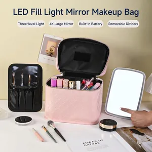 Roze gewatteerde make-up koffer met grote LED 4K spiegel en verstelbare verdelers