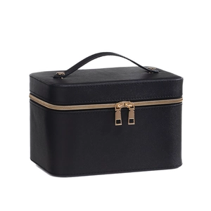 Trousse de maquillage en cuir PU Saffiano noir avec fermetures éclair dorées