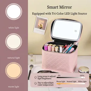 Roze gewatteerde make-up koffer met verstelbare 3-kleuren LED-spiegel voor op reis