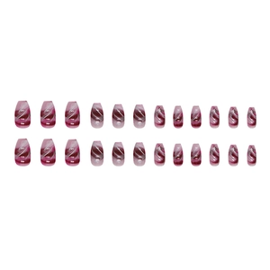 Short ballet wine red marble ombré press-on nails in coffin shape set of 24pcs
