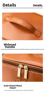 Detail of caramel leather makeup bag with gold zippers and reinforced wide handle