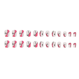 Short ballet nails with Barbie pink and black wavy patterns, 24 pieces set on white backdrop