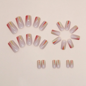 Glossy lavender square press-on nails set with vibrant yellow and red gradient vertical lines