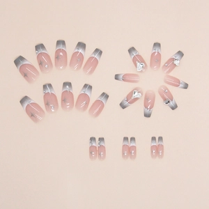 Long ballerina press-on nails with grey gradient, sparkling stars and heart rhinestones