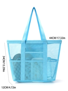 Blue mesh beach bag showing dimensions 44x34x12cm for spacious storage of accessories