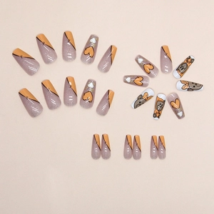 24pcs long coffin press on nails featuring orange, purple glitter, and cute bear patterns