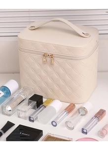 Detail of white quilted PU leather makeup box with golden zippers and sturdy handle