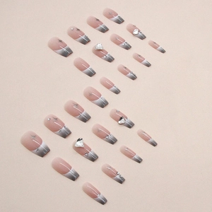 Grey gradient ballet press-on nails with silver heart rhinestones and star charms