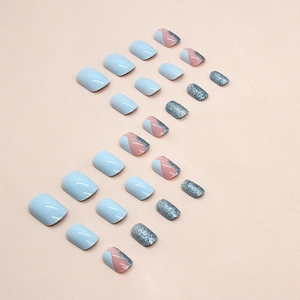 Short square blue press-on nails set with sky blue solid colors and glitter silver accents