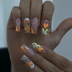 Coffin Press On Nails Medium Long Orange Nude Cartoon Bear Heart Glitter Artificial Fake Nails For Women