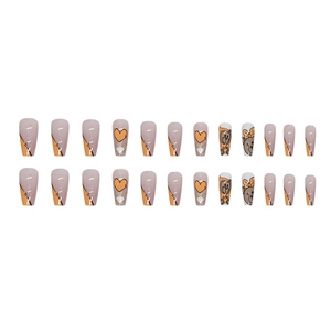 24pcs orange ballet press-on nails with cute bear cartoons and glitter heart designs