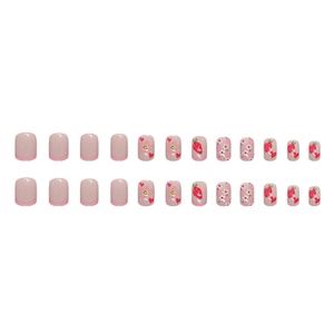 Short pink French press-on nails set with cute floral, smiley face and strawberry designs
