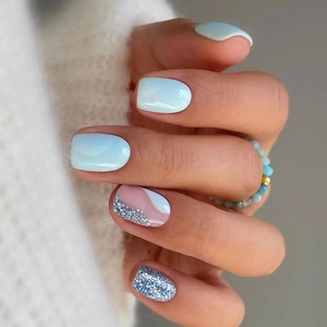 Sky Blue Glitter Press On Nails Short Square Round Glossy Ins Style Cool Summer Blue Silver Pink Wave Pattern
