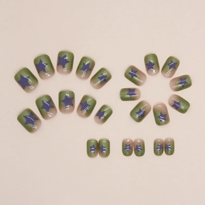 Green gradient short fake nails with purple star design and glossy finish, 24 piece set