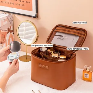 Large capacity brown leather makeup organizer bag with interior compartments and mesh pocket