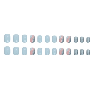 Short square round sky blue press-on nails set with glitter and color block design