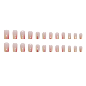 Short square peach gradient press-on nails with warm vertical lines in 24 piece set