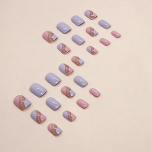 Short square press-on nails with pink purple waves and white polka dot patterns