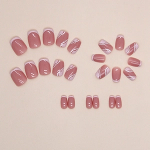 Short ballet press-on nails set with pink French wave patterns and irregular lines