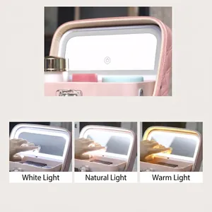 Pink portable makeup case with LED mirror and three adjustable light modes for travel