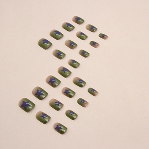 24pcs aurora green gradient short press-on nails with purple star designs for women