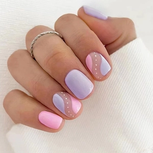 Short Press On Nails Square Round Pink Light Purple Wave Pattern White Polka Dots Sweet Ins Style Glossy Artificial Tips