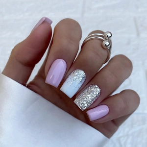 Press On Nails Taro Purple Solid Color And Silver Glitter White Gradient Square Round Medium False Nails For Women