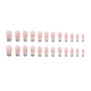 Grey and pink gradient ballet press-on nails set with silver stars and rhinestones