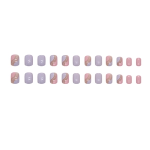 Short square press-on nails with pink purple wave patterns and minimalist sweet polka dots