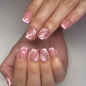 Short Coffin Press On Nails Nude Pink French Tip With White Abstract Curves 24Pcs Artificial Nails Sweet Minimalist Design