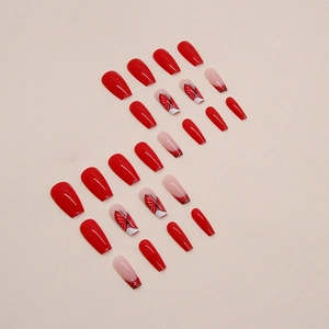 Glossy burgundy coffin press-on nails with red glitter tips and butterfly art