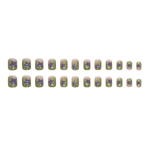 Short Aurora Green gradient fake nails with purple star patterns, 24 pieces set
