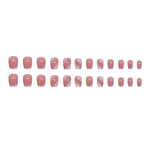Short ballet ballerina press-on nails in nude pink with white wavy pattern and french tips