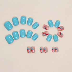 Short square light blue and wavy pattern press-on nails set on beige background