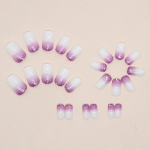 Purple gradient press-on nails with silver glitter accents and creamy base color set