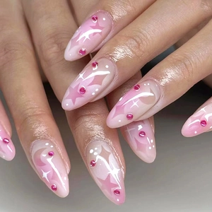 Faux Ongles Dégradé Rose Violet Étoile Lune Forme Amande Doux INS Style Décor Strass Élégant Femmes