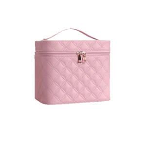 Pink quilted PU leather makeup bag with LED mirror and gold dual zippers for travel