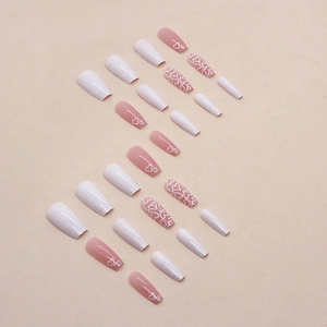 Minimalist white and pink heart pattern press-on ballet nails in long trapezoid shape
