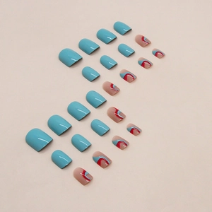 Short sky blue press-on nails set with wavy line patterns in minimalist style